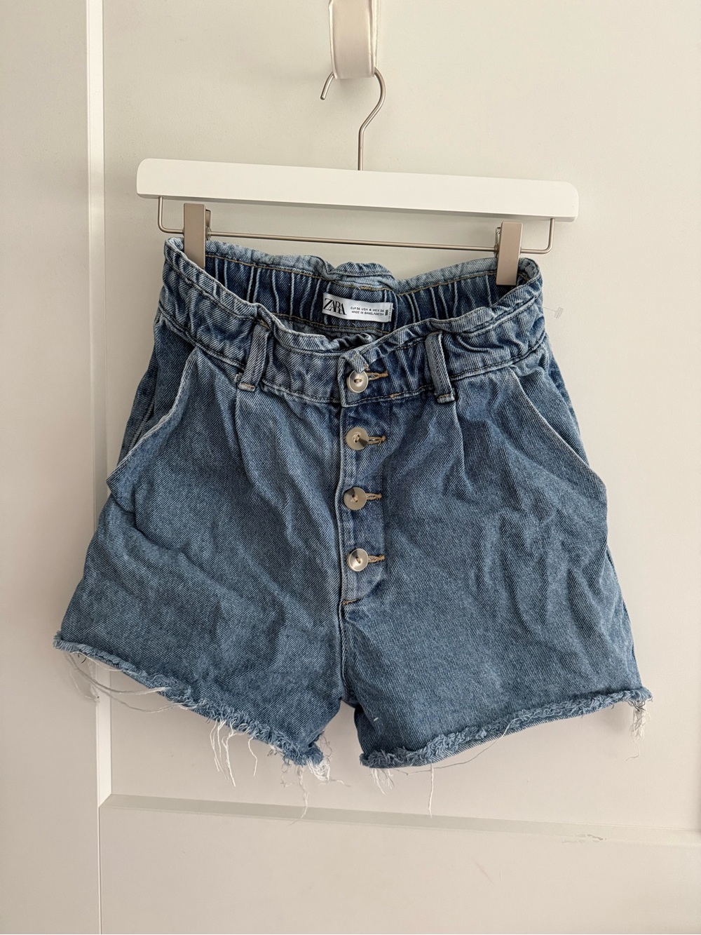 Zara High-Waist Button-Front Denim‎ Paper Bag Shorts